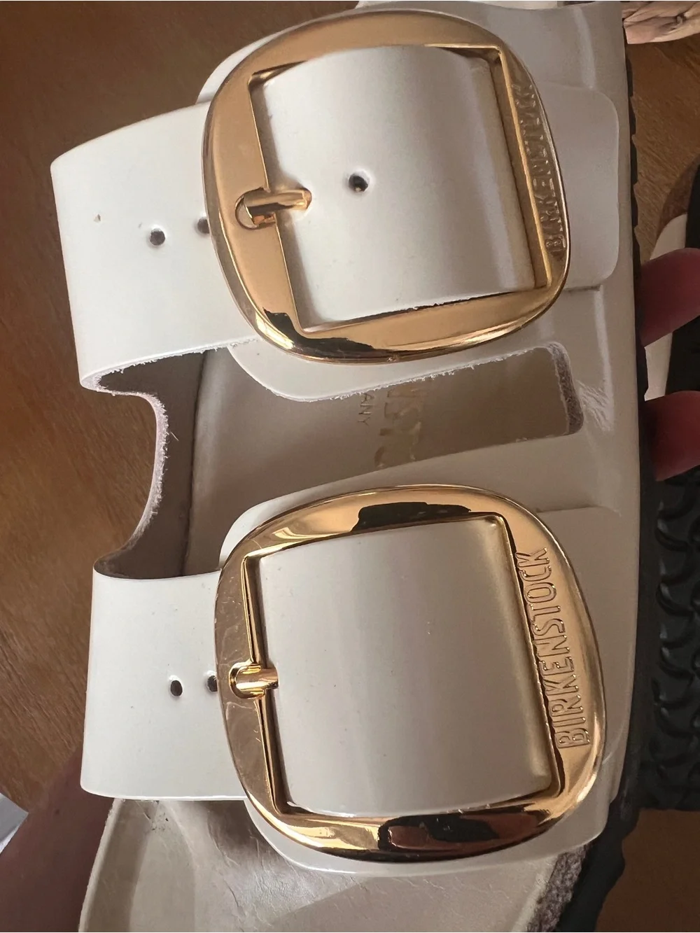 Birkenstock White Double-Strap Sandals with Gold Buckles - Picture 4 of 7
